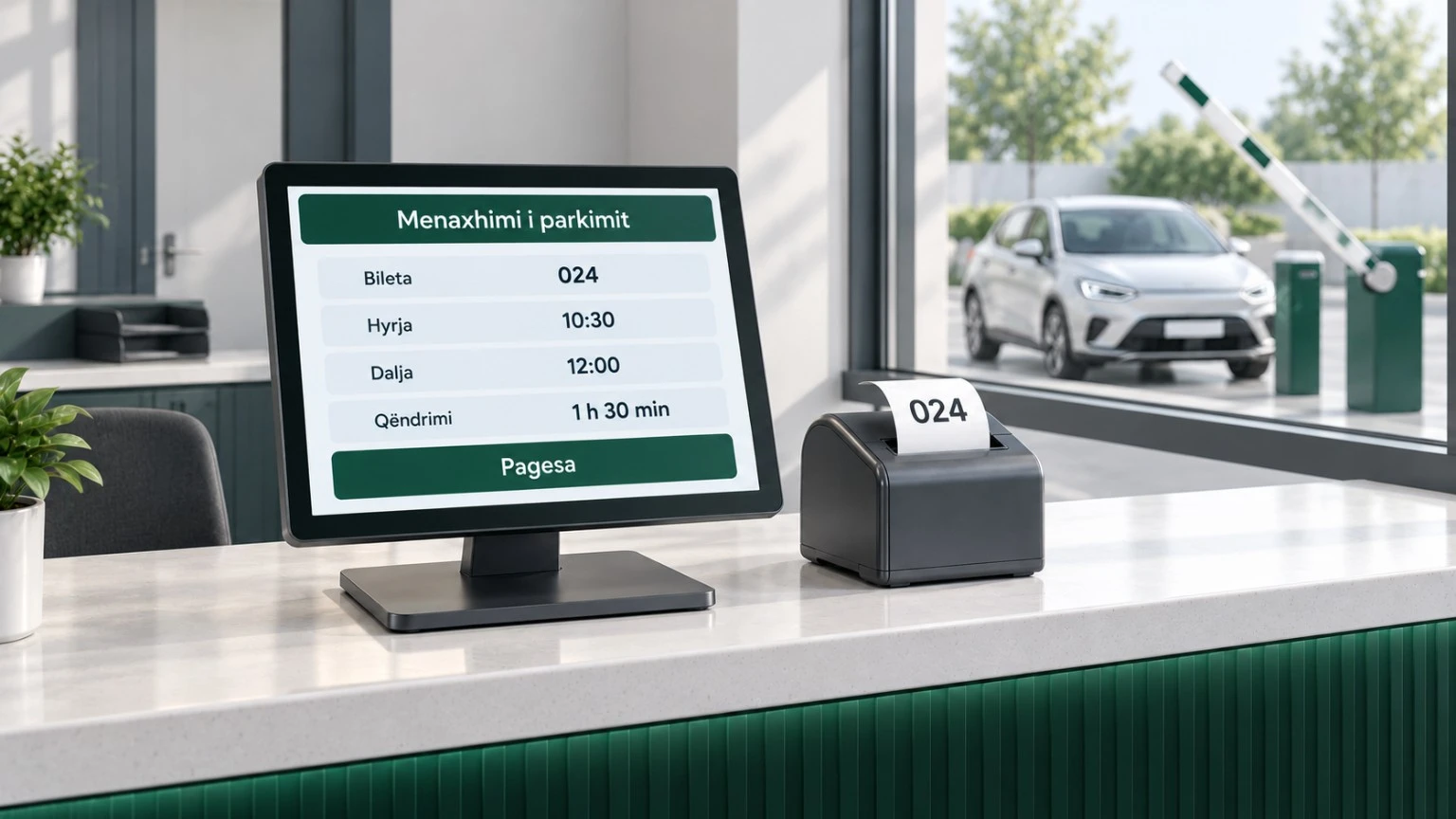 Terminal ilustrues i parkimit me oraret e hyrjes e daljes, printer bilete dhe barrierë në sfond